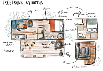 Håndtegnet grundplan over Treetrunk lodge med hottub, terrasser og soveværelser i Cosy Cabins, Belgien.