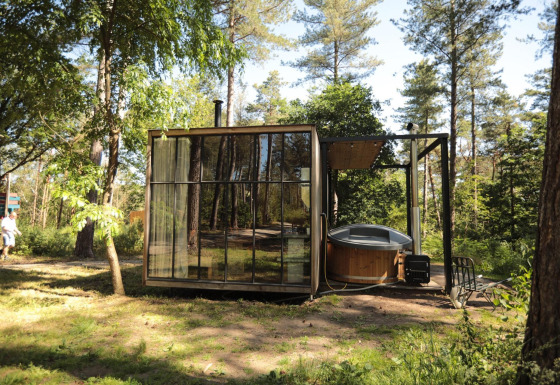 Cabane classique avec bain à remous chez Cosy Cabins, en forêt de Limburg, Belgique, entourée d’arbres.