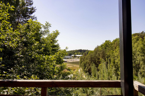 Blick von einer Hütte mit Terrasse im Wald von Limburg, Belgien, an einem sonnigen Tag.