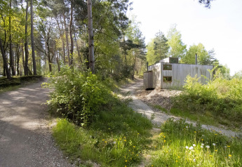 Moderna cabina in legno con grandi finestre situata tra gli alberi di una foresta nel Limburg, Belgio.