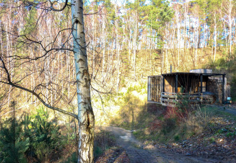 Capanna con vasca idromassaggio nella foresta da Cosy Cabins a Limburg, Belgio, tra alberi e natura.