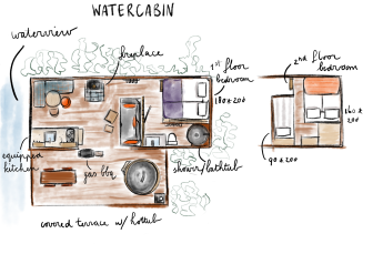 Planimetria disegnata a mano di Water Cabin con vasca idromassaggio, camino, cucina e vista acqua in Belgio.