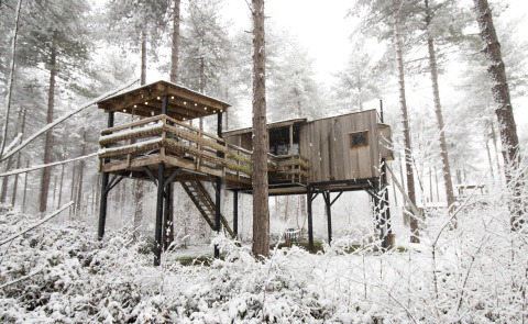 Boomhut met terras en sneeuw in het bos, Treetop + hot tub bij Cosy Cabins in Limburg, België.