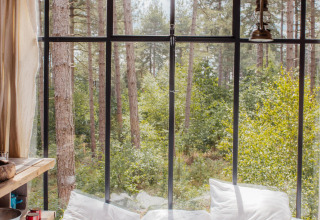 Vista desde una acogedora cabaña en lo alto de los árboles con grandes ventanales en el bosque de Limburgo, Bélgica.