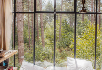 Vista da una confortevole casa sull'albero con grandi finestre sulla foresta di Limburg, Belgio.