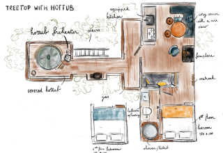 Pianta disegnata a mano della cabina Treetop con vasca idromassaggio alle Cosy Cabins, Limburg, Belgio, con dettagli.