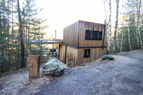 Cabina moderna in legno Comfort Sweet + hot tub immersa nella foresta, circondata da natura e betulle.