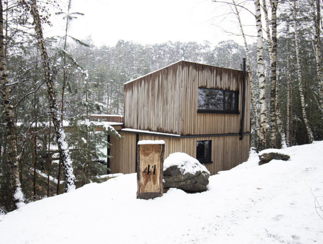Cabaña Comfort Sweet con jacuzzi en el bosque nevado de Limburgo, Bélgica, rodeada de árboles de abedul.