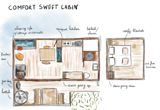 Planimetria della Comfort Sweet Cabin con camino, divano letto, cucina, bagno, camera e vasca idromassaggio esterna.