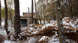 Cabaña Comfort Classic + hot tub de Cosy Cabins, situada en un bosque nevado de Limburgo, Bélgica.
