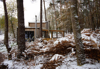 En moderne træhytte ved navn Comfort Classic + hot tub, omgivet af sneklædt skov i Limburg, Belgien.