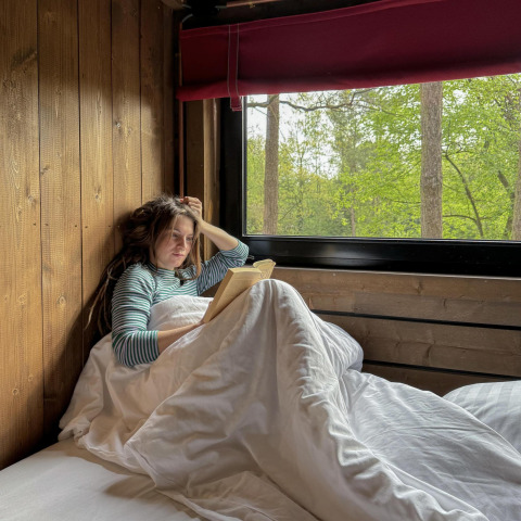 Mujer leyendo un libro en la cama junto a una gran ventana con vista al bosque en la cabaña Comfort Classic, Bélgica.
