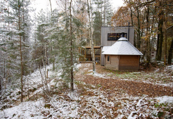 Comfort Classic + sauna cottage di Cosy Cabins immerso in una foresta innevata a Limburg, Belgio.