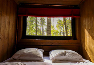 Vista desde la cama en la cabaña Comfort Classic + sauna en Cosy Cabins, bosque de Limburg, Bélgica.