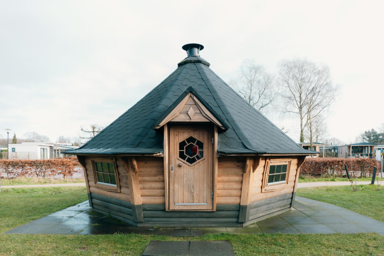 Wooden lodge with black roof at Veluwe Villa + sauna, Holiday park De Boshoek in the Netherlands.