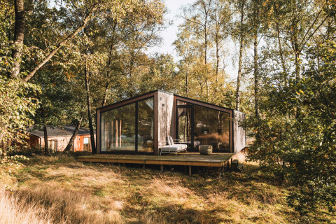 Cabaña moderna de madera con grandes ventanales en el bosque de Wilsumer Berge, Alemania, rodeada de árboles.