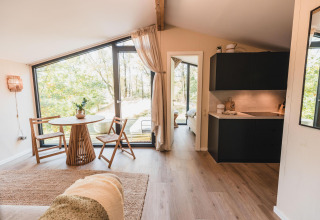 Moderne lodge Cabin on the Hill in Wilsumer Berge, Duitsland, met grote ramen en gezellige inrichting.