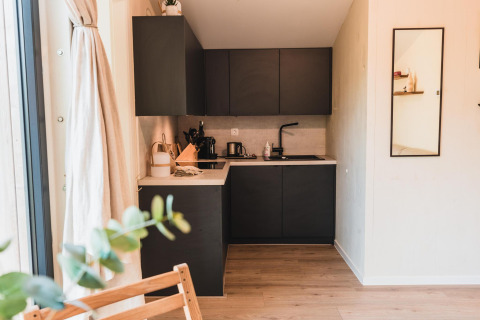 Modern kitchen area at Cabin on the Hill, Wilsumer Berge, Germany, featuring black cabinets and wooden flooring.