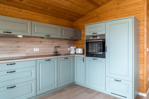 Cuisine moderne avec placards verts et murs en bois au Lakehouse Scandi, Wilsumer Berge, Allemagne.