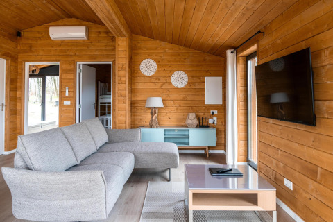Moderne woonkamer in houten lodge met grijze zetel en tv bij Lakehouse Scandi, Wilsumer Berge, Duitsland.