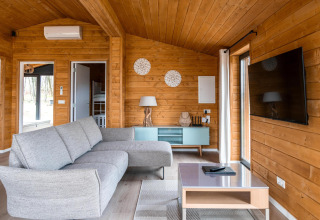 Modernes Wohnzimmer in einer Holzhütte mit grauem Sofa, TV und Fenster im Lakehouse Scandi, Wilsumer Berge.