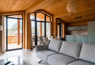 Sala moderna en Lakehouse Scandi, Wilsumer Berge, Alemania, con decoración de madera y ventanas grandes.
