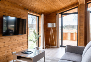 Salon moderne du Lakehouse Scandi à Wilsumer Berge, Allemagne, avec murs en bois, TV et vue naturelle.
