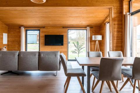 Sala y comedor modernos en Lakehouse Scandi, Wilsumer Berge, Alemania, con paneles de madera y ventanas grandes.