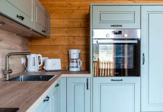 Moderne keuken met lichtgroene kasten, houten muren en apparaten in Lakehouse Scandi, Wilsumer Berge, Duitsland.