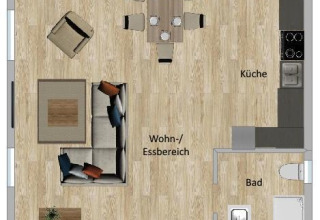 Plano del Lakehouse Scandi en Wilsumer Berge, Alemania, con veranda, sala, cocina y dos dormitorios.