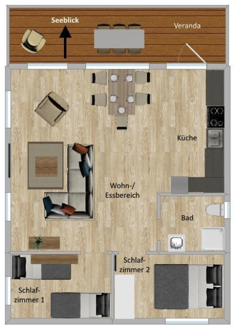 Plattegrond van Lakehouse Scandi in Wilsumer Berge, Duitsland met veranda, woonruimte, keuken en twee slaapkamers.