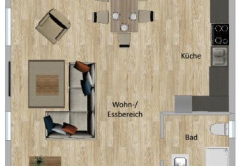 Grundriss des Lakehouse Scandi in Wilsumer Berge, Deutschland mit Veranda, Wohnbereich, Küche und zwei Schlafzimmern.