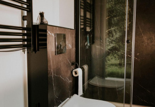 Baño moderno con inodoro suspendido y ducha negra en una tiny house de Camping Si-Es-An, Países Bajos.