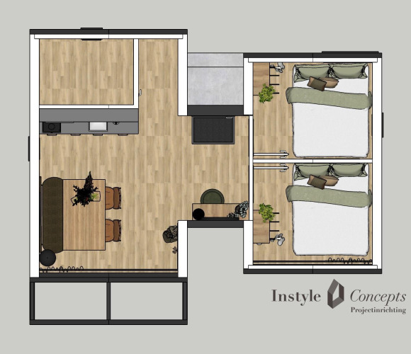 Plano del Cosy House en Camping Si-Es-An en Países Bajos, con dos dormitorios y salón en espacio compacto.