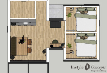 Plano del Cosy House en Camping Si-Es-An en Países Bajos, con dos dormitorios y salón en espacio compacto.