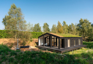 Tiny house avec toit végétalisé et bain à remous extérieur, entourée de nature à Wilsumer Berge, Allemagne.