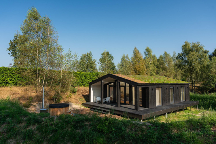 Tiny house with a green roof and outdoor hot tub in scenic nature at Wilsumer Berge, Germany.