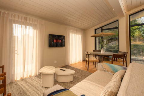 Sala de estar de una tiny house en Wilsumer Berge, Alemania, con sofá, Netflix y comedor moderno y luminoso.
