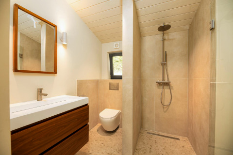 Petite salle de bain moderne avec lavabo, miroir, WC mural et douche ouverte dans le tiny house Hills.
