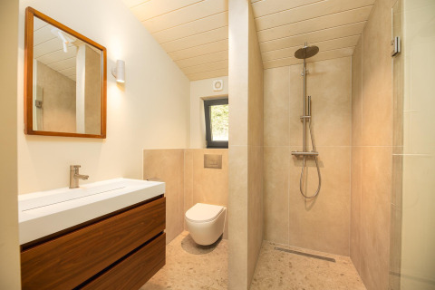 Moderne lille badeværelse med vask, spejl, vægmonteret toilet og åben bruseniche i Hills tiny house.
