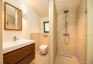 Moderne lille badeværelse med vask, spejl, vægmonteret toilet og åben bruseniche i Hills tiny house.