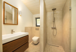 Baño moderno en una tiny house en Wilsumer Berge, Alemania, con ducha, inodoro y lavabo elegante.