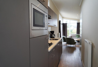 Moderne tekøkken i en Dune Lodge på EuroParcs Parc du Soleil med udsigt til loungeområde og store vinduer.