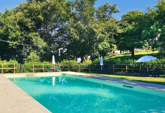 Schwimmbad mit Liegen, Sonnenschirmen und Bäumen im Camping Lucherino, Toskana, Italien.