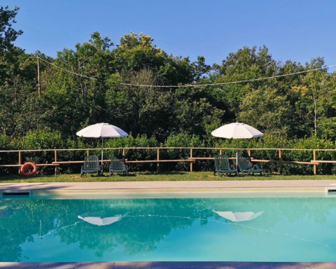 Piscina con tumbonas y sombrillas en Camping Lucherino, un parque vacacional en la Toscana, Italia.