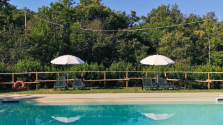 Piscina con tumbonas y sombrillas en Camping Lucherino, un parque vacacional en la Toscana, Italia.