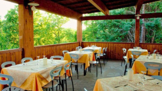 Covered outdoor dining area with set tables at Camping Lucherino holiday park in Tuscany, Italy, near woods.