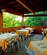 Zona de comedor exterior cubierta con mesas puestas en Camping Lucherino, en la Toscana, Italia, junto al bosque.