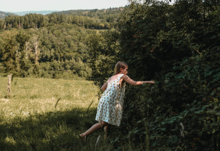Meisje in een zomerjurkje plukt bessen uit een struik bij Nassogne, België, met groen landschap rondom.
