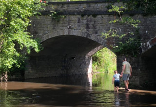 Een man en een kind lopen door ondiep water onder een stenen boogbrug nabij Nassogne, België.